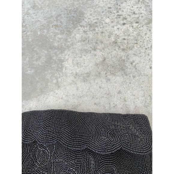 Vintage Clutch Purse Black Silk Hand Beaded Bag Scalloped Edge 1960s